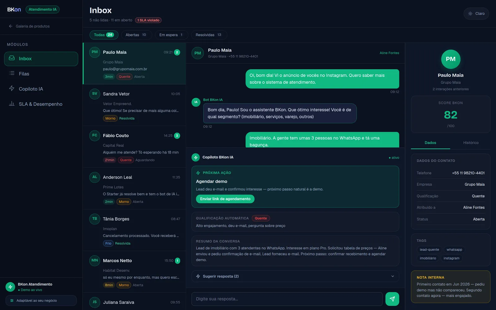 Caixa de entrada do atendimento no WhatsApp com IA: lista de conversas, uma conversa aberta com resposta da IA, sugestão de próxima ação e dados do contato.