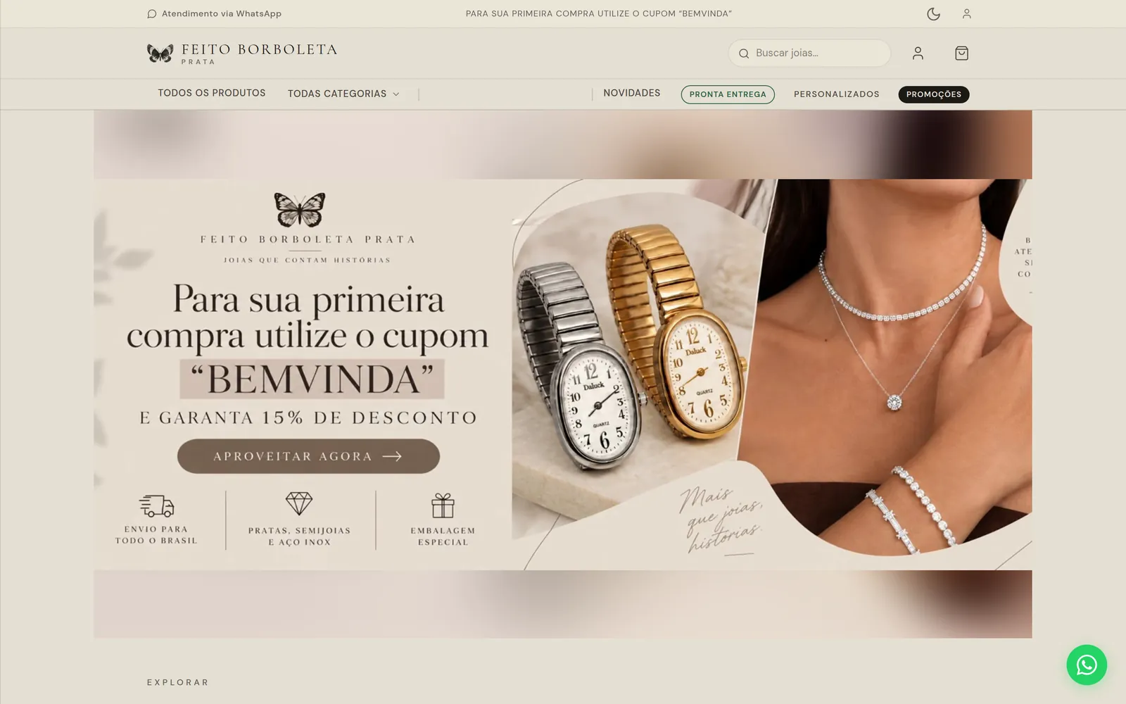 Página inicial pública da loja online Feito Borboleta, com banner de cupom e menu de categorias.