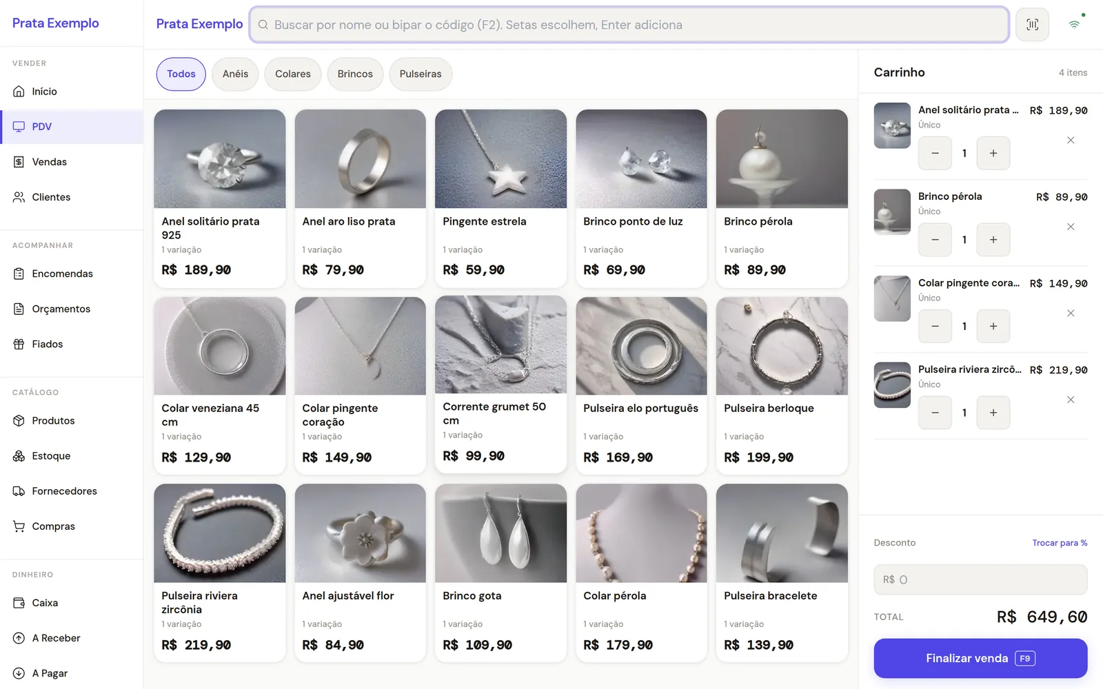 Tela do PDV de uma loja de semijoias: grade de anéis, brincos, colares e pulseiras com foto, e carrinho com quatro peças, total de R$ 649,60.